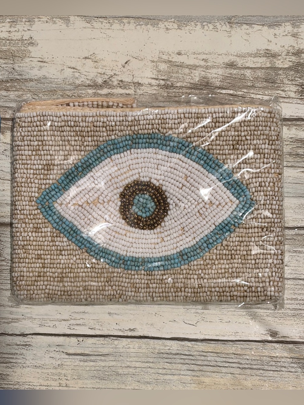 Beaded Evil Eye Accent Pouch — Beige and Light Blue
